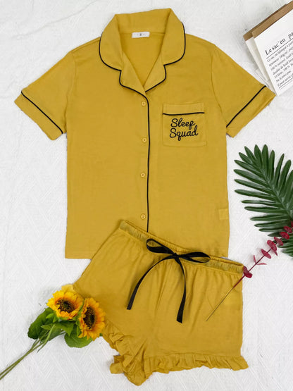 Contrast Piping Button-Down Shirt and Ruffle Shorts Set