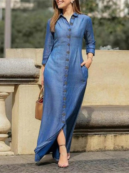 Full Size Button-Down Maxi Denim Dress