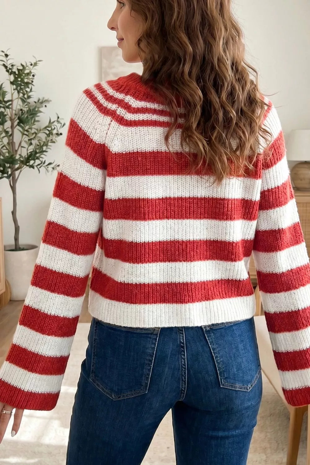 Striped Colorblock V Neck Long Sleeve Shift Sweater