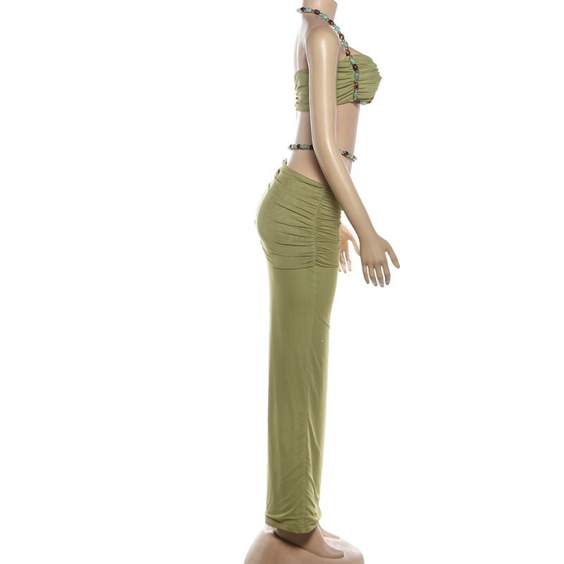Sleeveless neck hanging small suspender high waisted hip hugging skirt