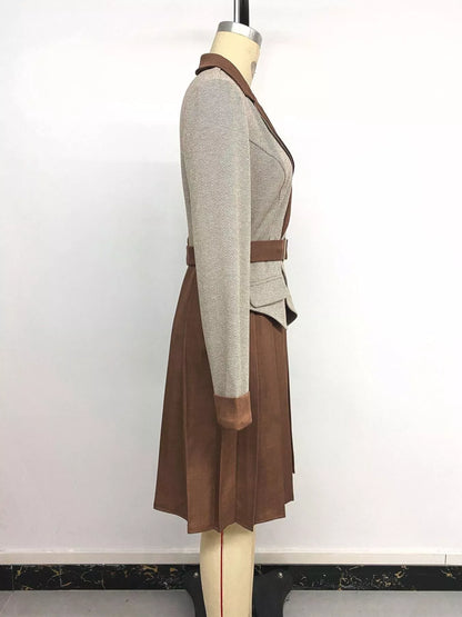 Pleated Patchwork Blazer Belt Dress