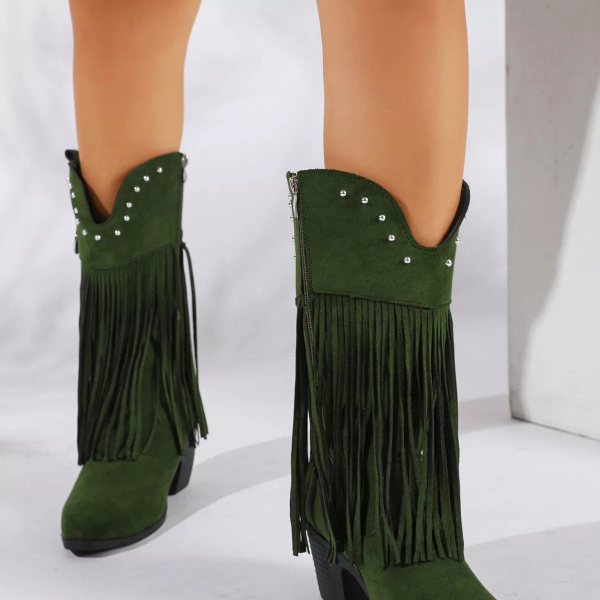 Fringe Round Toe Block Heels Boots