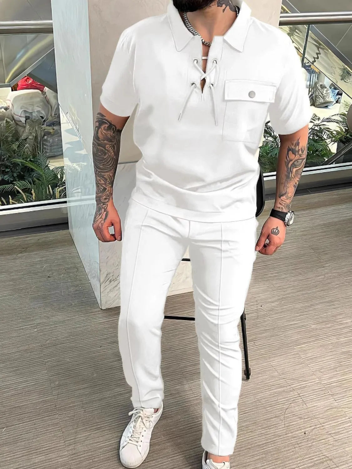 Men'sLace Up Short Sleeve Top and Pants