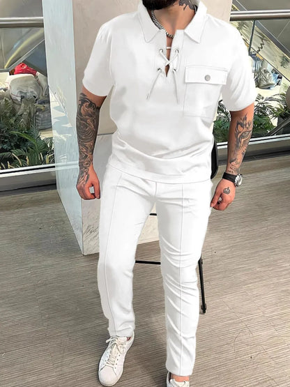 Men'sLace Up Short Sleeve Top and Pants