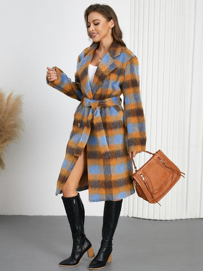 Tied Plaid Collared Coat