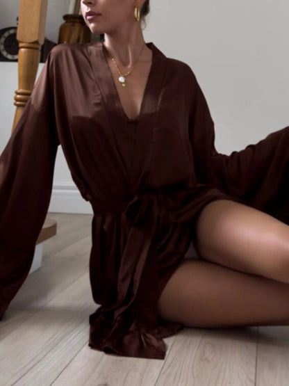 Satin Ruffle-Trim Lounge Nightgown Robe
