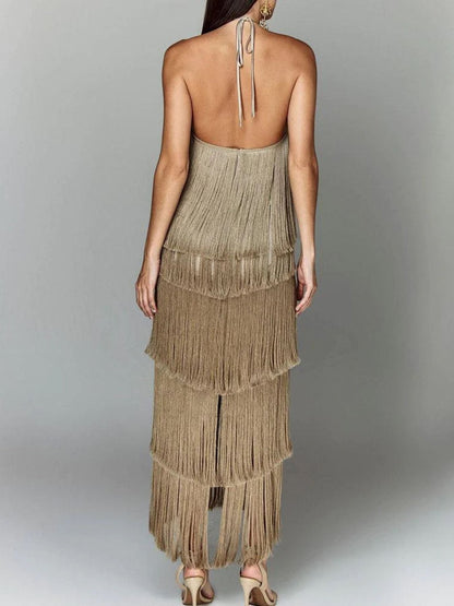Fringe Halter Neck Maxi Dress