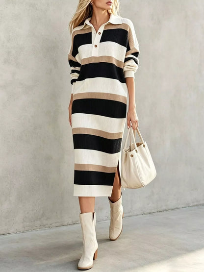 Striped Polo Collar Long Sleeve Sweater Dress