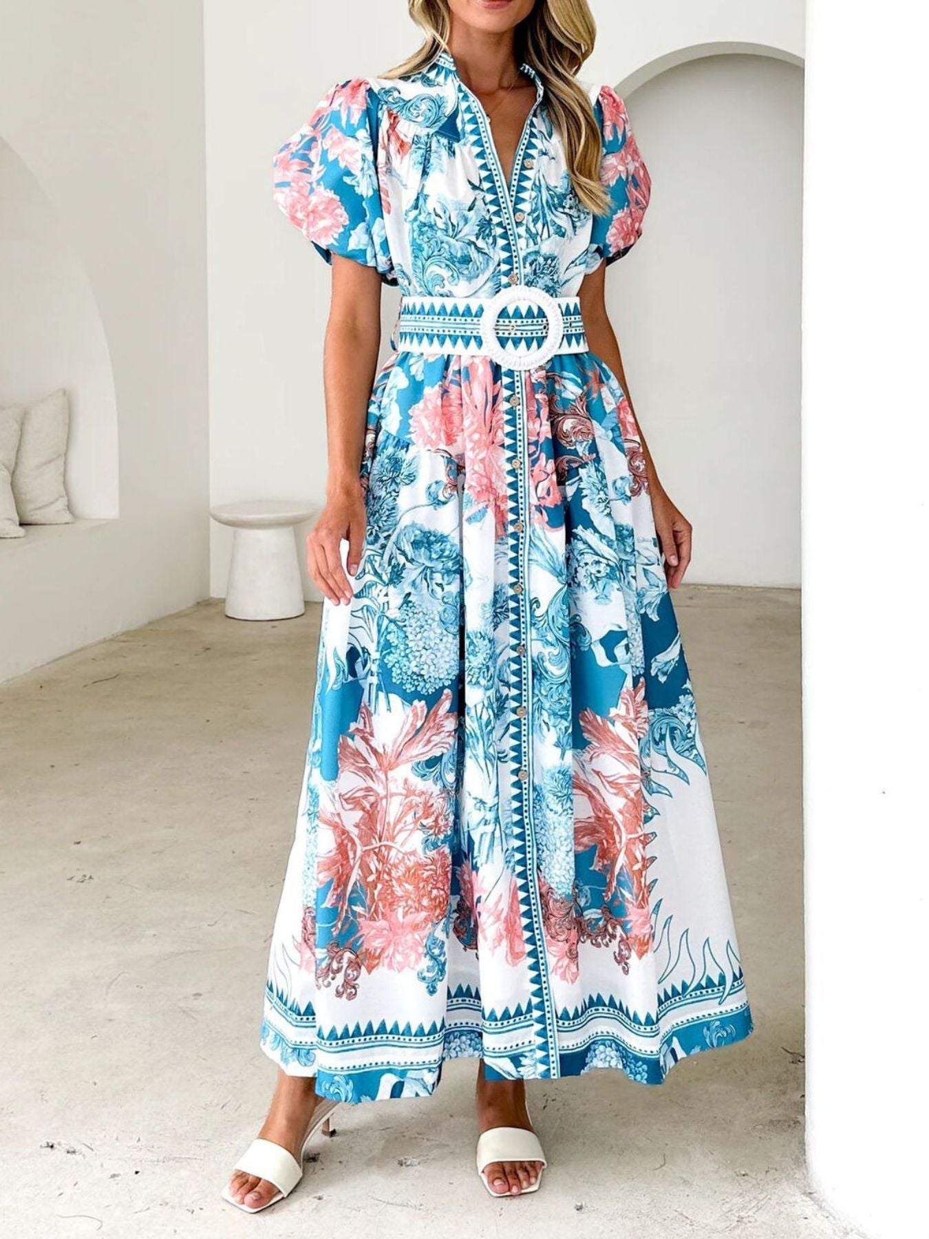 Printed Puff Sleeve Midi Dress