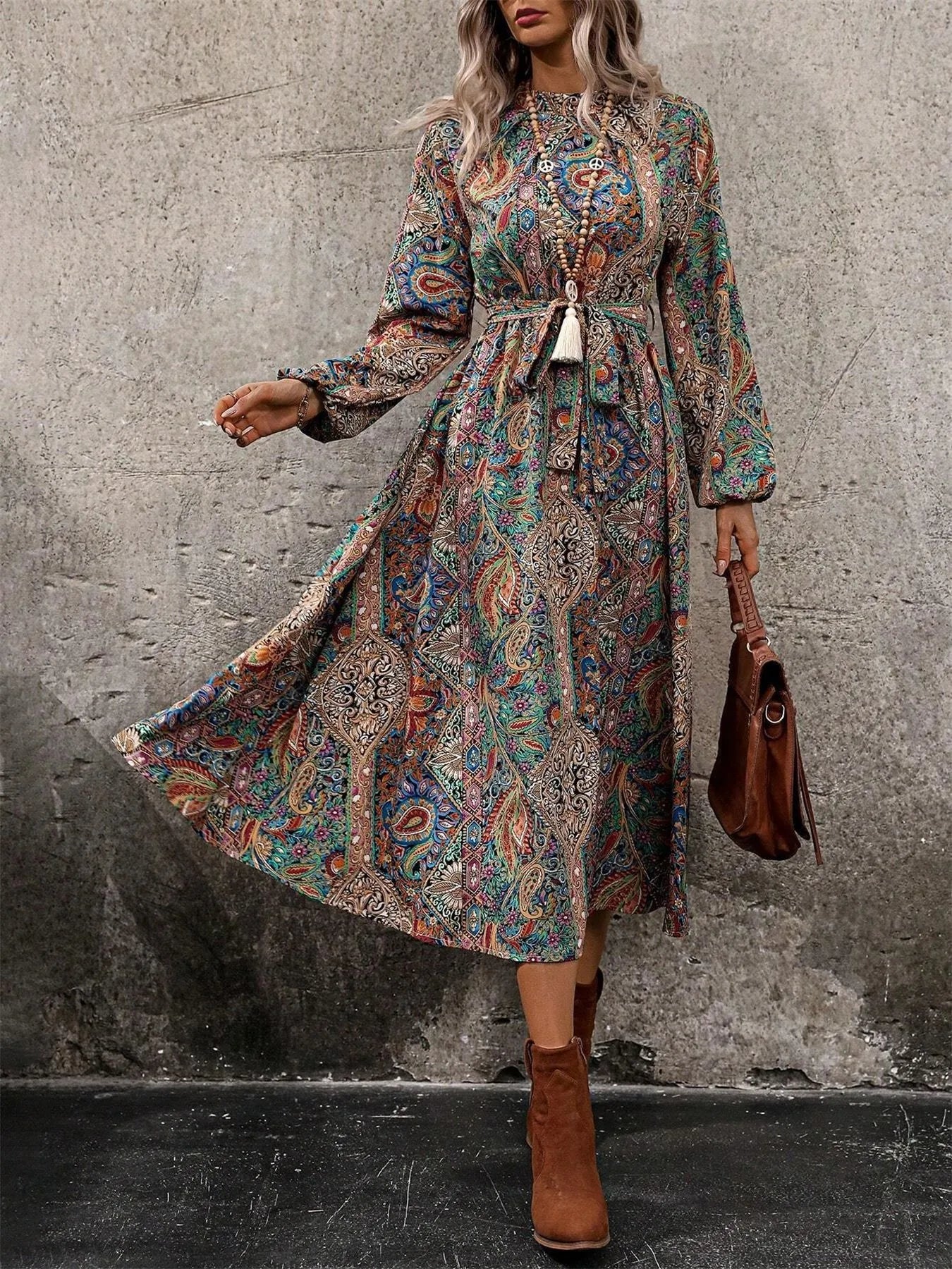 Paisley Print Long Sleeve Midi Dress