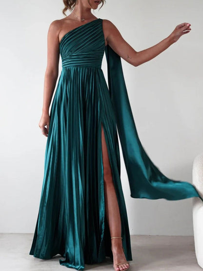 One-Shoulder Pleated Slit Dress