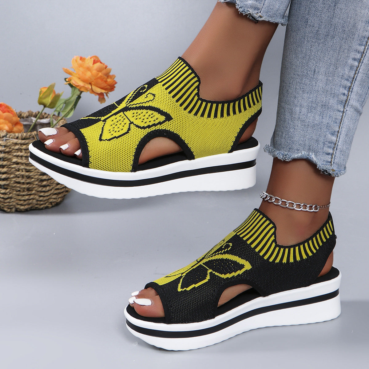 Mesh wedge sandals in yellow