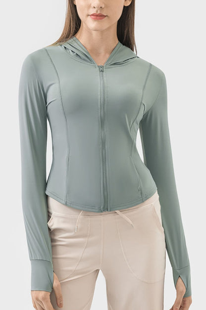 Pocketed Zip Up Hooded Long Sleeve Active Outerwear - MONLANE