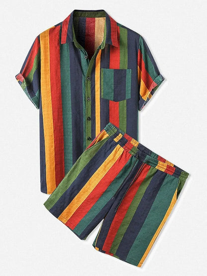 Men's Striped Button Up Shirt and Shorts Set