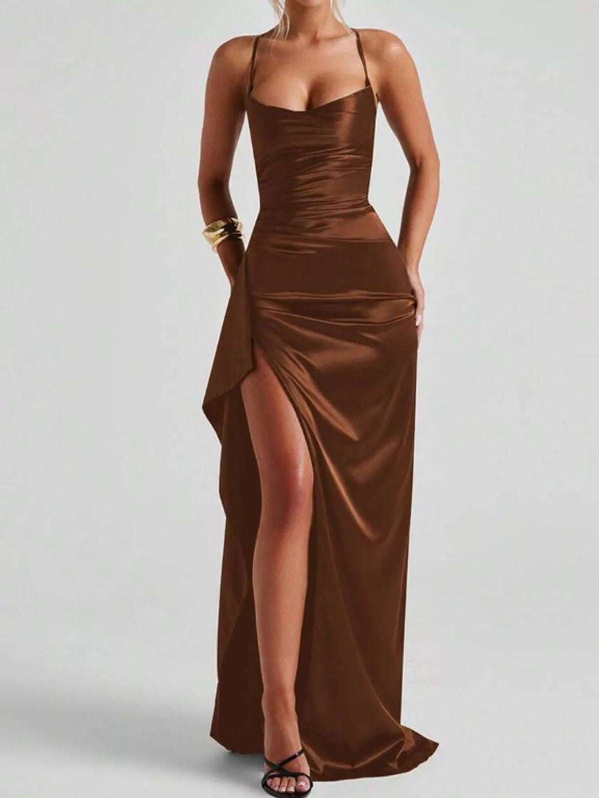 Satin high-slit maxi dress, view 42