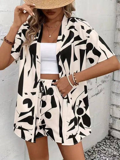 Printed Cardigan and Shorts Set