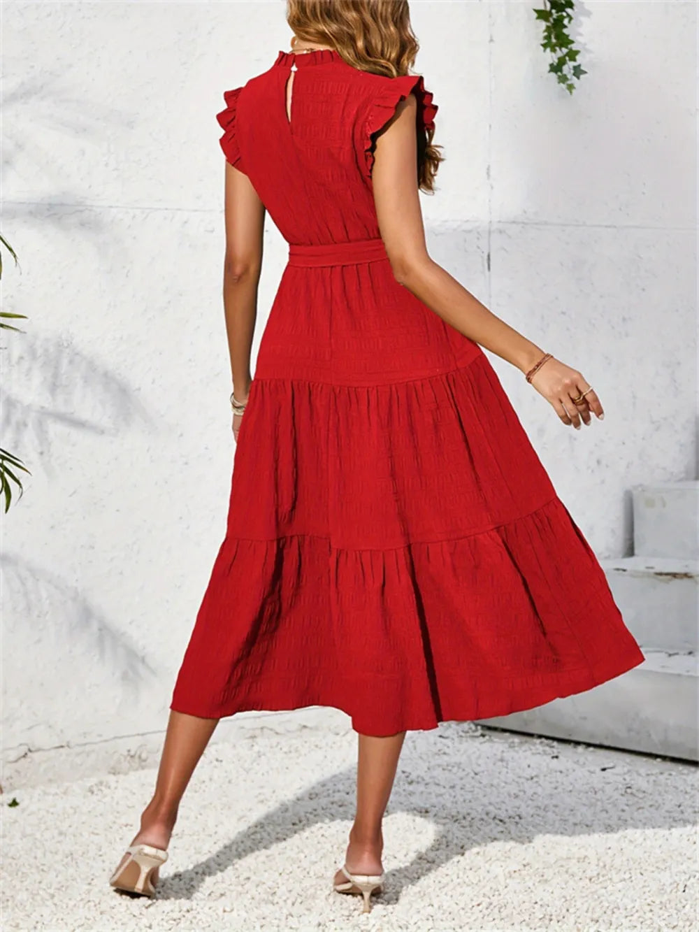 Ruffled Cap Sleeve Midi Mock Dress