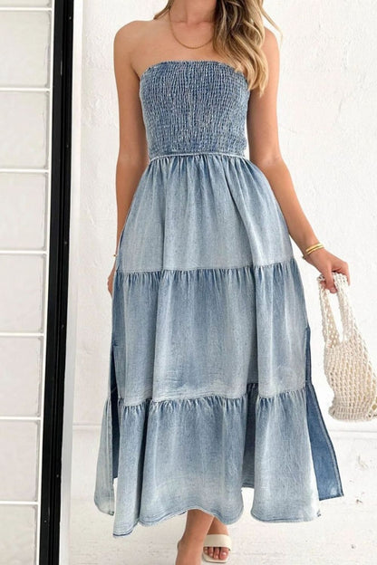 Slit Tiered Denim Dress