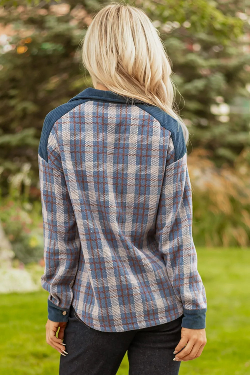 Plaid Corduroy Patchwork Collared Zip Up Snap Button Jacket