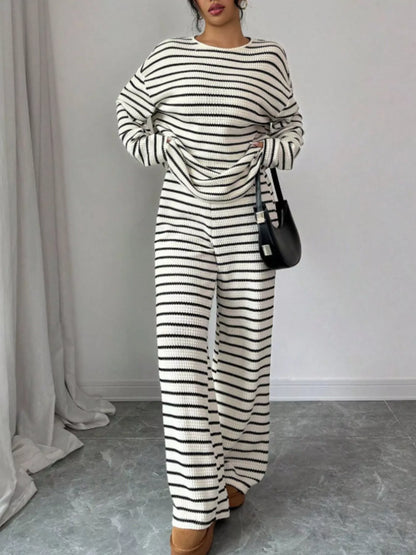 Striped waffle-knit top and pants set, view 2