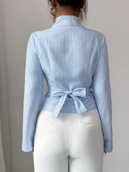 Striped Long Sleeve Wrap Blouse