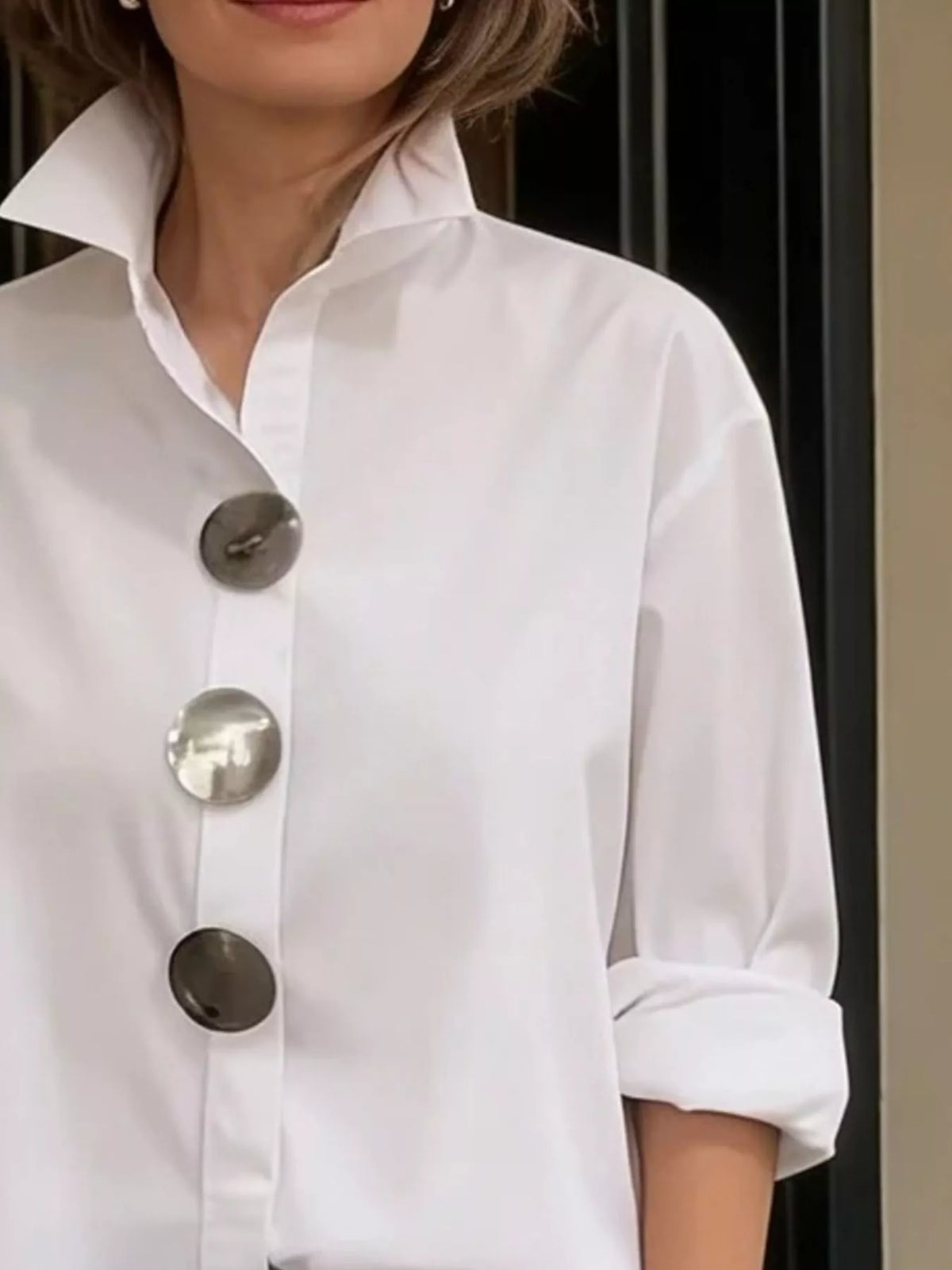 Full Size Oversized Metal Button Long Sleeve Shirt Plus Size