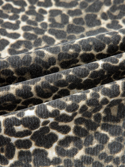 Leopard Print Short Sleeve Denim Shirt