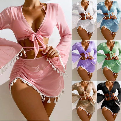 Four-piece bikini set with tie-front top and tassel skirt