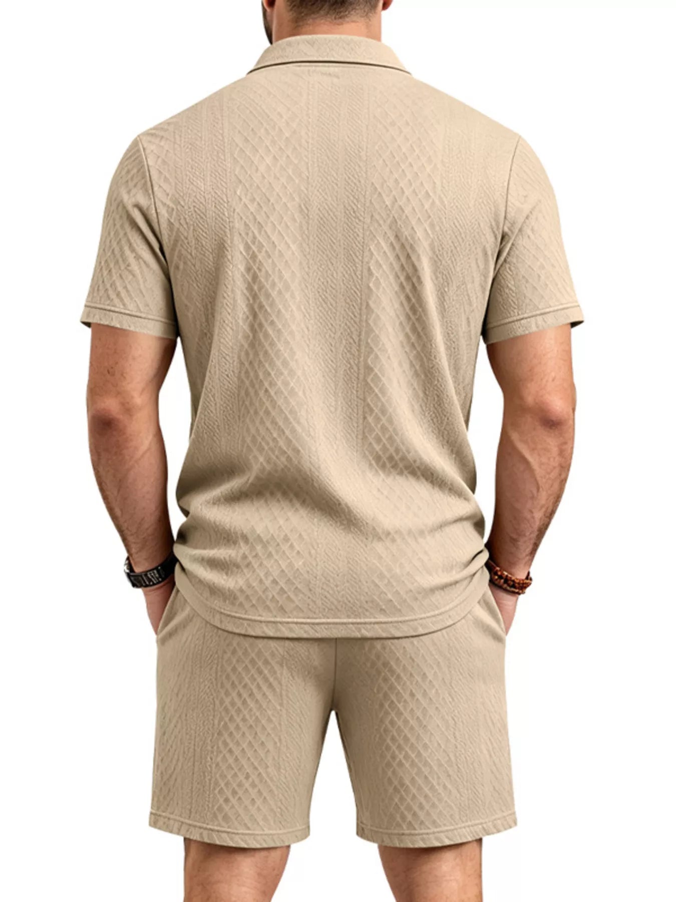 Men's Full Size Textured Short Sleeve Polo and Shorts Set Plus Size