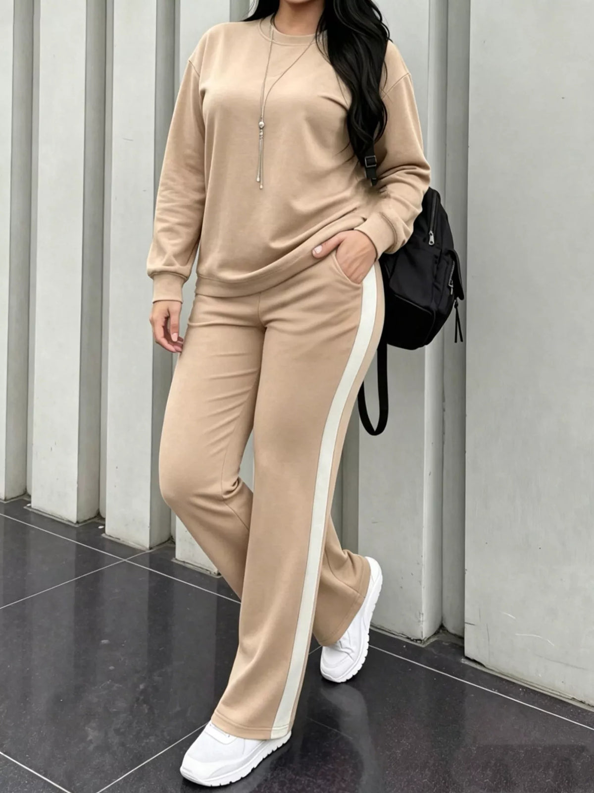 Plus size khaki lounge set, dropped-shoulder top & pants