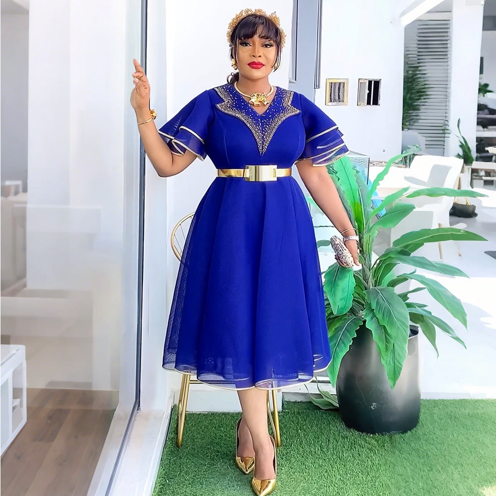 V-neck Bubble Bead Dress with Belt