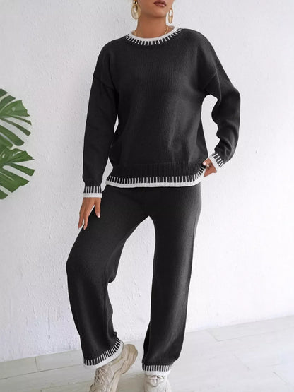 Contrast Trim Crew Neck Sweater and Pants Set