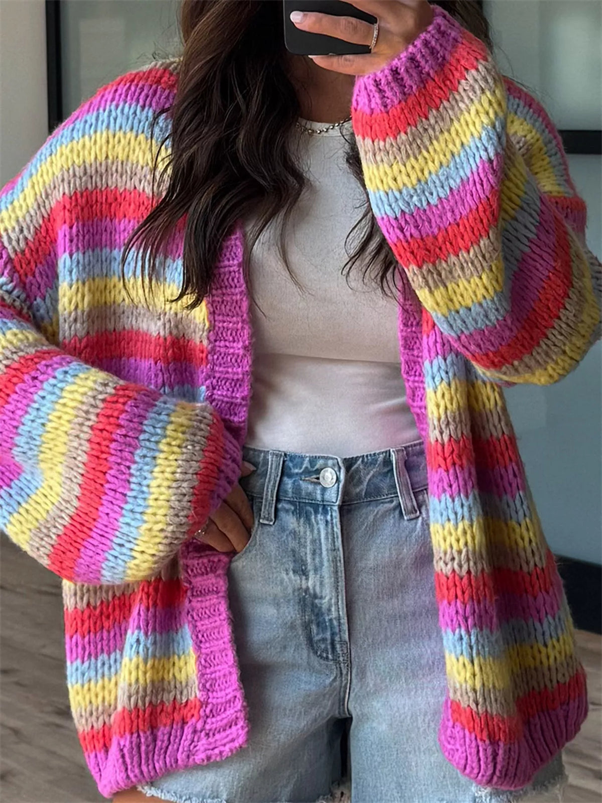 Multi-Color Striped Chunky Knit Open-Front Cardigan