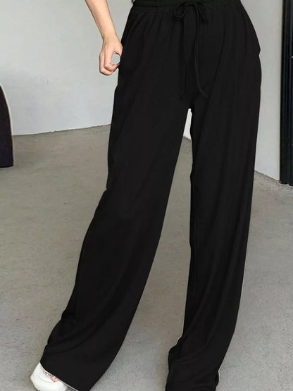 Solid Color Short Sleeve Crop Top and Wide Leg Pants Set