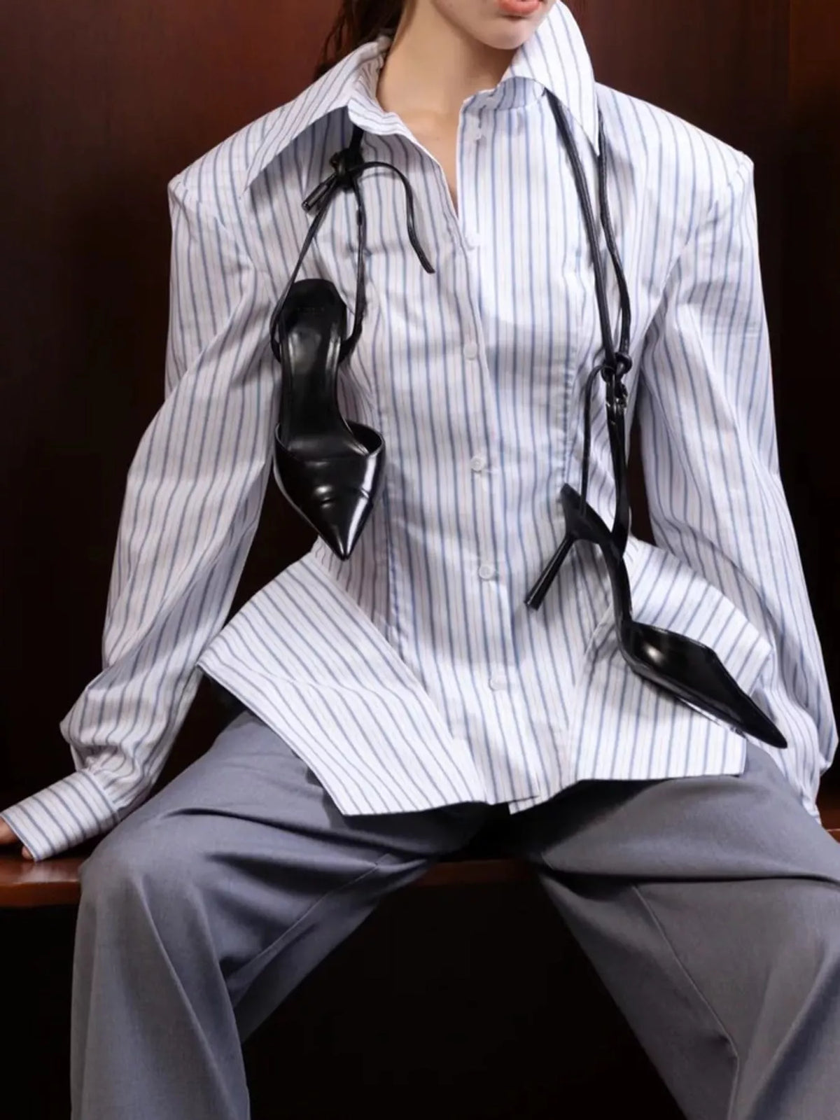 Plus size striped button-up shirt, view 7