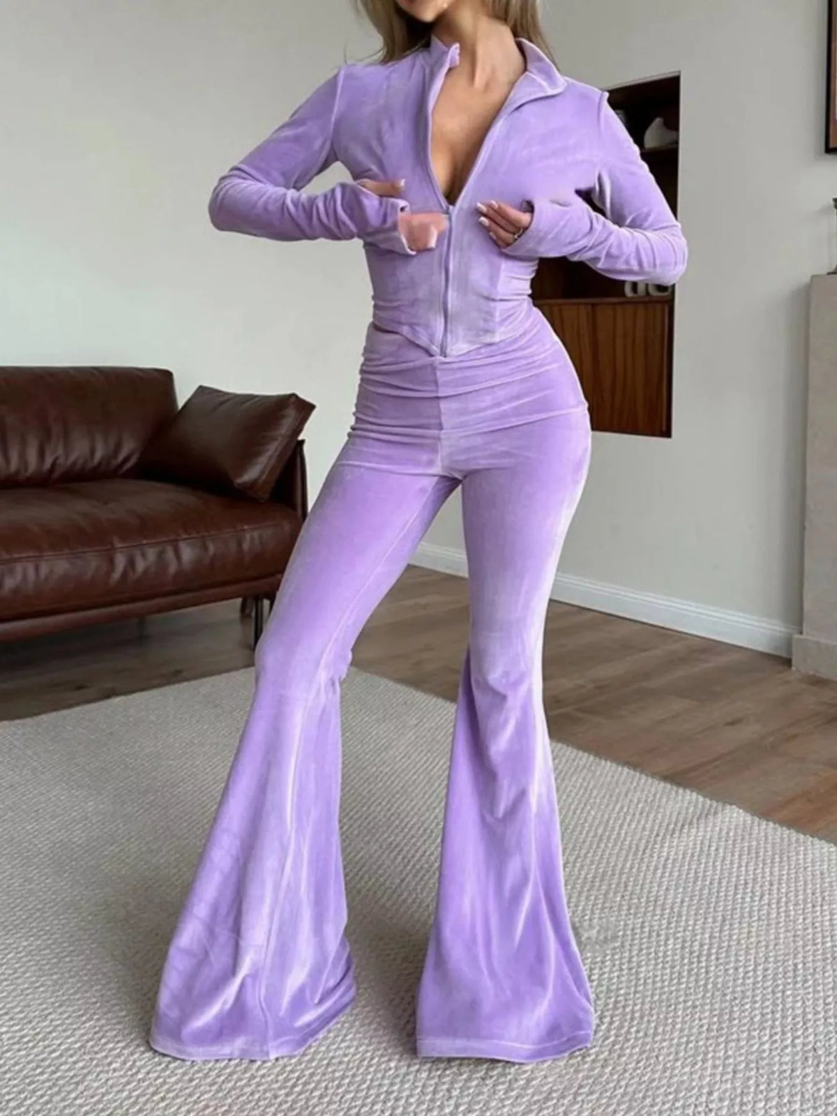 Zip-Up Crop Top and Flared Pants Two-Piece Set