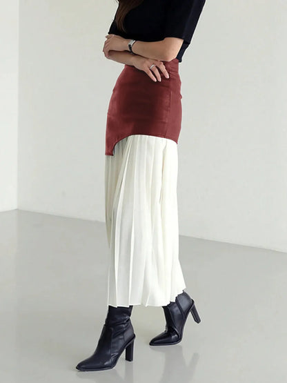 Patchwork Contrast Pleated Skirt