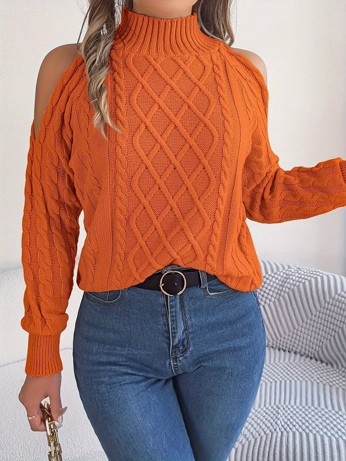 Cold-shoulder cable sweater, view 6