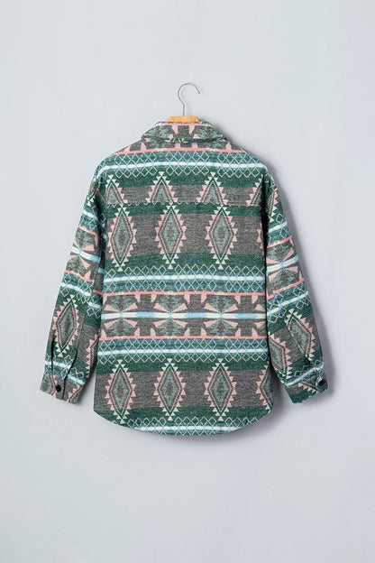 Geometric Print Button Front Long Sleeve Shacket