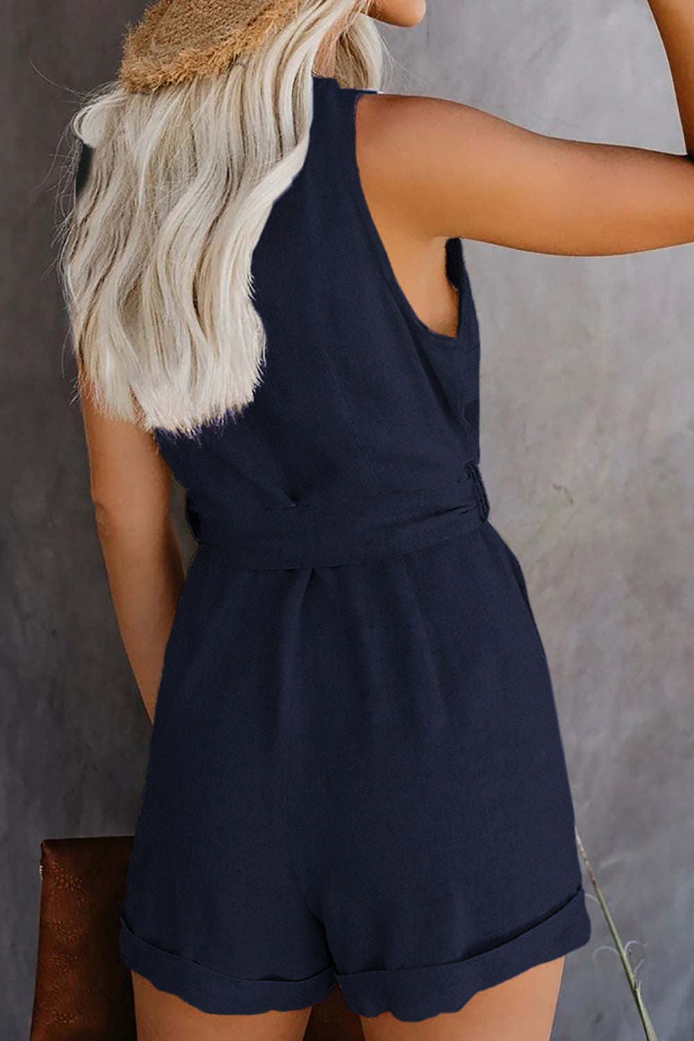 Tied V-Neck Sleeveless Romper with Pockets - MONLANE