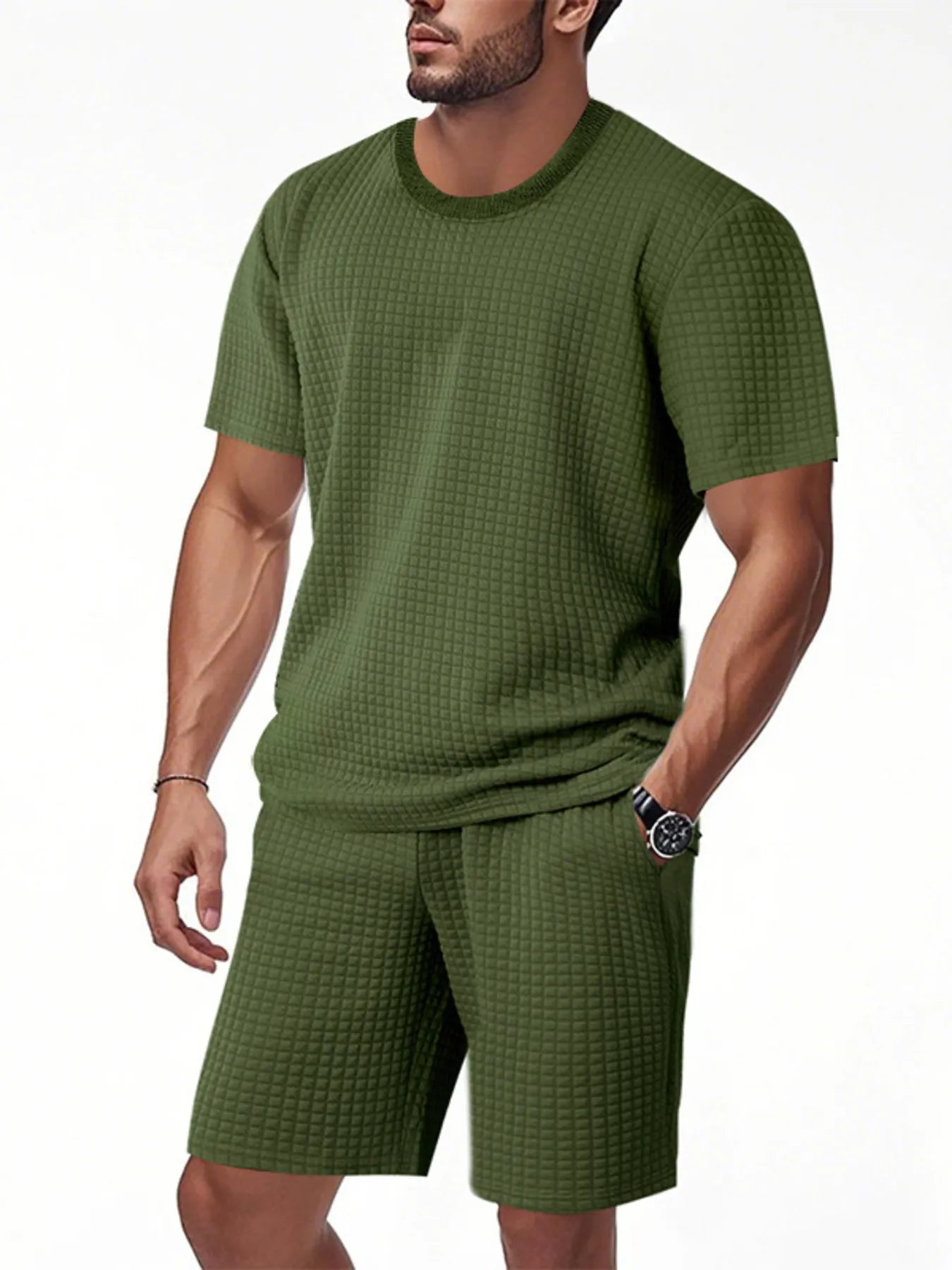 Men's Textured Round Neck Top and Shorts Set