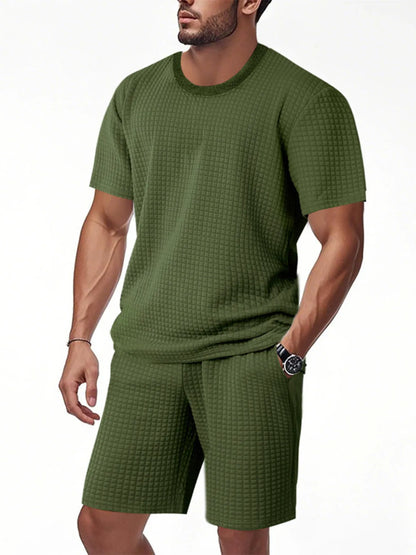 Men's Textured Round Neck Top and Shorts Set