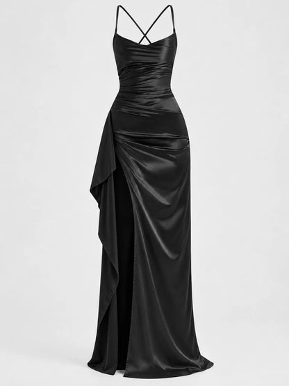 Satin Ruched High-Slit Maxi Dress