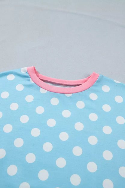 Polka Dot Contrast Trim Top and Drawstring Shorts Set