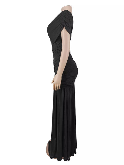 One-Shoulder Ruched High-Slit Evening Dress