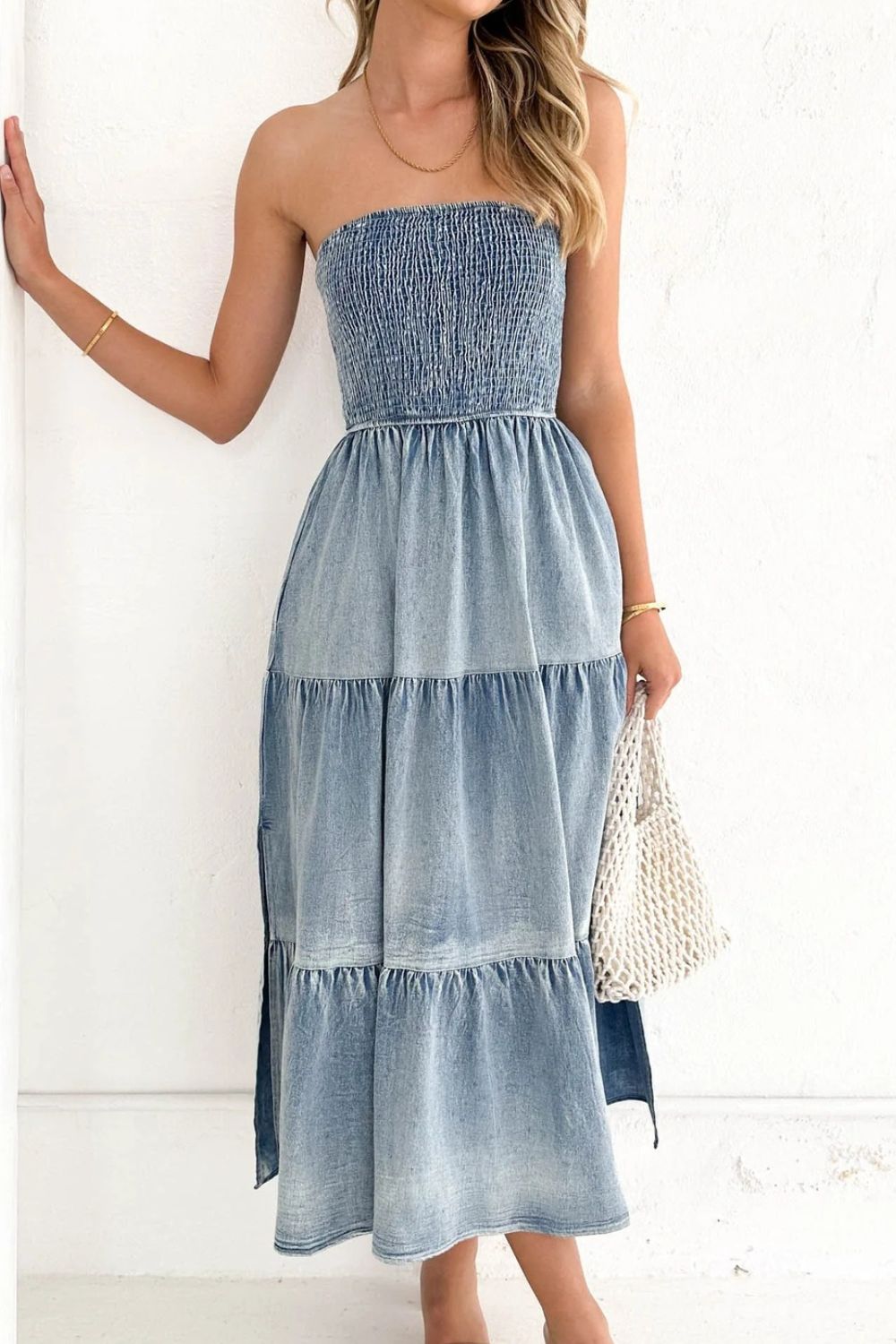 Slit Tiered Denim Dress