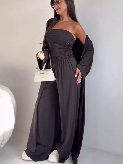 Tube Top & Cardigan & Wide Leg Pants 3-Piece Set