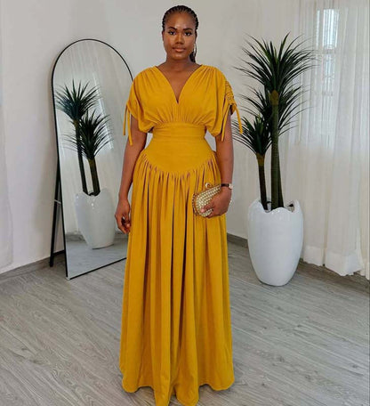 V-sleeve Elastic High Waisted Long Dress