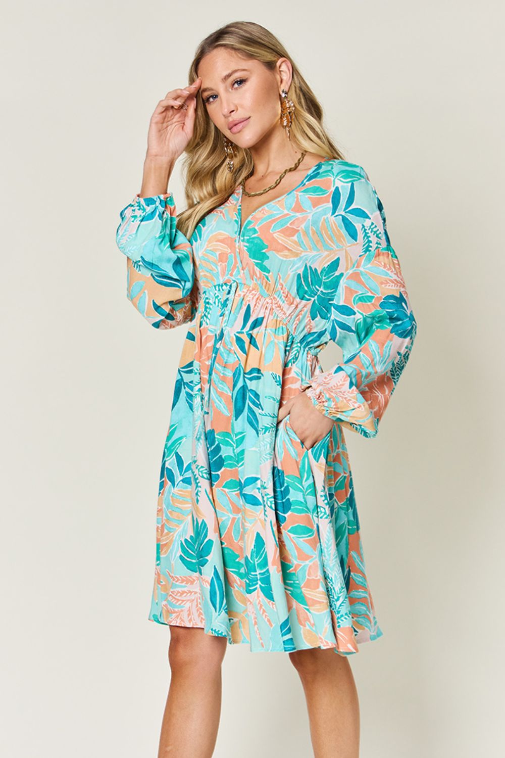 Printed V-Neck Drawstring Dress