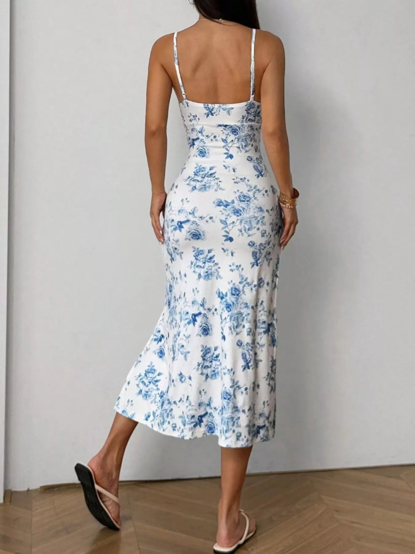 Floral Print Ruched Slit Cami Dress